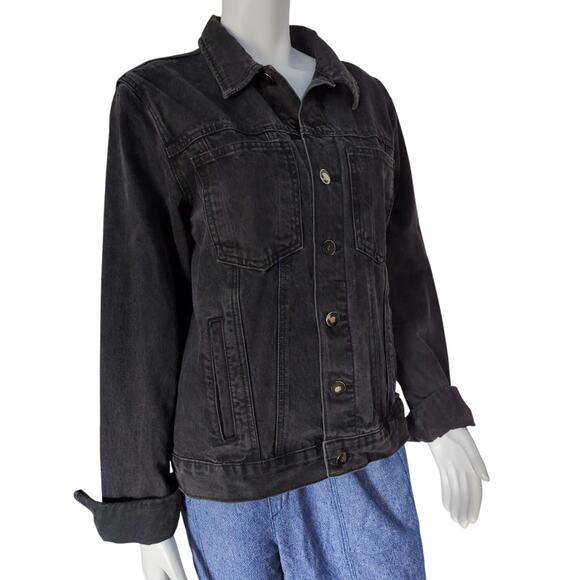 FOREVER 21 Black Denim Jean Jacket 7 Button Women's Size L - Picture 1 of 7